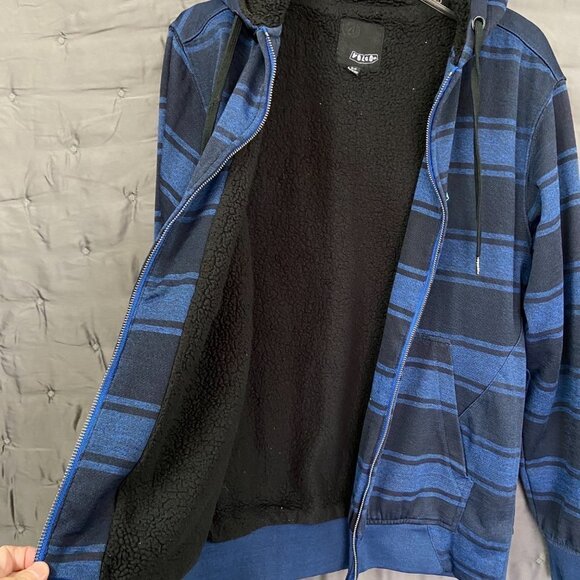 VOLCOM Hooded Fleece Lined Zipper Jacket Black Navy Stripe, Men's S - Picture 2 of 7